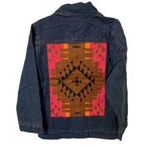 Aztec Western  Denim Jacket Blue Jean Pink Button Up Pockets